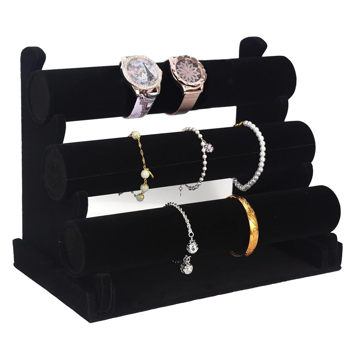 MAYCREATE Bracelet Organizer 3-Tier Bracelets Holder Jewelry Display Stand for Watch, Bangle, Bracelet - Detachable Velvet Desk Showcase Storage Rack, Black MAYCREATE Bracelet Organizer 3-Tier Bracelets Holder Jewelry Display Stand for Watch, Bangle, Bracelet - Detachable Velvet Desk Showcase Storage Rack, Black